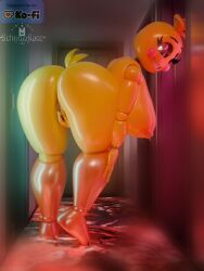 3d_(artwork) animatronic ass avian beakless bent_over big_breasts big_butt bird blender_(artwork) blender_cycles_(artwork) bodily_fluids breasts chicken digital_media_(artwork) female five_nights_at_freddy's five_nights_at_freddy's_2 galliform genital_fluids genitals hallway hi_res humanoid leaking_vagina looking_at_viewer lovetaste_chica machine nipple_piercing nipples non-mammal_nipples nude phasianid piercing pinup pose robot schnozzracclewd scottgames smile smiling_at_viewer solo standing thick_thighs touching_vulva toy_chica_(fnaf) vaginal_fluids vulva