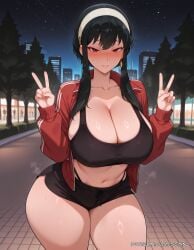 ai_generated bangs black_hair blush breasts cleavage collarbone curvaceous curvaceous_body curvy curvy_body curvy_female double_v female hairband huge_breasts long_hair looking_at_viewer navel night night_sky outdoors red_eyes scinna self_upload shorts sky solo spy_x_family stable_diffusion star_(sky) starry_sky sweat thighs tree v voluptuous voluptuous_body voluptuous_female w yor_forger