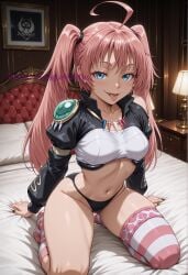 :p ahoge ai_generated alternate_body_type alternate_breast_size asymmetrical_legwear bed bed_sheet big_thighs black_nails black_panties blue_eyes breasts child_bearing_hips collarbone crop_top curvaceous curves curvy curvy_body curvy_figure female glossy glossy_body hi_res high_resolution highres indoors jewelry kneeling lamp large_thighs leaguewaifus long_hair long_sleeves looking_at_viewer medium_breasts milim_nava nail_polish navel no_shoes on_bed panties pillow pink_hair shiny_skin single_thighhigh sitting skin_gloss skull_crushing_thighs smile socks solo stable_diffusion stomach striped_clothes striped_thighhighs tensei_shitara_slime_datta_ken that_time_i_got_reincarnated_as_a_slime thick_thighs thighhighs thighs thunder_thighs tongue tongue_out twintails underwear voluptuous wide_hips