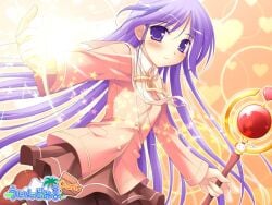 00s 1boy crossdressing crossdressing_(mtf) femboy gradient_background happiness! holding holding_staff magic_staff male_focus pantyhose purple_eyes purple_hair school_uniform solo staff trap watarase_jun