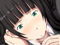 1boy black_hair censored fellatio female flying_witch green_eyes kowata_makoto oral penis saliva