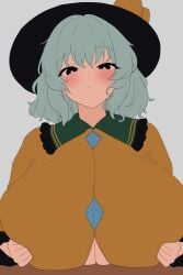 1boy 1girl :o alternate_breast_size black_eyes black_headwear blouse blush bow breasts bright_pupils button_gap buttons cleavage collared_shirt diamond_button female frilled_shirt_collar frills green_eyes green_hair grey_background hat hat_bow hat_ribbon heart huge_breasts koishi_komeiji komeiji_koishi long_sleeves looking_at_viewer medium_hair moriforest1040 paizuri paizuri_under_clothes parted_lips pov ribbon shirt short_hair simple_background solo solo_focus straight third_eye third_eye_(touhou) touhou touhou_project upper_body white_background white_pupils yellow_ribbon yellow_shirt