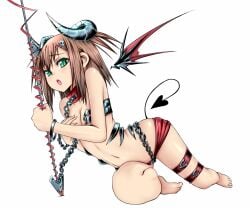 1boy artistic_error bad_anatomy baka_to_test_to_shoukanjuu barefoot bracelet brown_hair chains demon_tail femboy green_eyes holding holding_staff horns jewelry kii_(theory) kinoshita_hideyoshi magic_staff male_focus neetkey short_hair solo staff tail trap wings