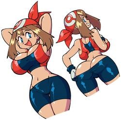 1girls big_ass big_breasts blue_eyes breasts brown_hair bursting_breasts busty butt_crack cleavage female huge_ass huge_breasts human human_only may_(pokemon) pokemon pokemon_rse red_bandana shorts stealth_brock white_background wide_hips