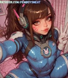 1boy ai_generated alternate_body_type ass balls big_ass big_eyes bimbo blue_bodysuit brown_eyes brown_hair bulge curvy d.va fat fat_ass femboy femboy_only femboysmeat femboysub fit genderswap_(ftm) headphones hips latex latex_suit long_hair makeup male male_only otoko_no_ko overwatch overwatch_2 penis ponytail rule_63 selfie sissy sissyfication small_breasts small_penis solo solo_femboy solo_male thighs wide_hips