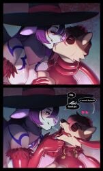 100racs anthro anthro_on_anthro bat black_clothing black_hat black_headwear black_nose blue_markings bodily_fluids brown_body brown_fur brown_hair cheek_tuft closed_eyes clothing dominant dominant_female drooling eyelashes facial_tuft female female/female french_kissing fur hair hat headgear headwear hi_res kissing latex latex_clothing latex_topwear lin_(100racs) mammal markings multicolored_hair narrowed_eyes pink_hair procyonid purple_hair purple_markings purple_nose raccoon red_eyes red_latex saliva spitting spitting_in_mouth tan_body tan_fur tentacle_around_neck topwear tuft two_tone_hair white_body white_fur