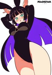 ai_generated aqua_eyes arm_up bare_hips black_hair blunt_bangs blush bocchi_the_rock! breasts cowboy_shot female from_below green_eyes large_breasts long_hair looking_at_viewer mikadnsfwia open_mouth pa-san purple_hair rabbit_pose solo two-tone_hair