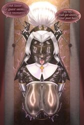 armbinder big_breasts blindfold bondage breast breasts_out dark-skinned_female dark_skin demon_girl demon_horns dialogue female femsub gag gagged hanging_breasts helltaker holy_woman horned_female horned_humanoid horns huge_breasts husky judgement_(helltaker) large_breasts latex latex_clothing latex_nun long_hair metal_bondage mr.bones22 nipple_chain nipple_piercing nun nun_hat nun_outfit open_mouth open_mouth_gag panel_gag ponytail public_use ring_gag stuck stuck_in_wall sweat tongue_out tongue_piercing white_hair