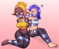 2girls abdomen annoyed arms_tied bandaged_chest bare_shoulders barefoot big_breasts blue_hair blush blushing bondage bound breasts captured clothed clothing crop_top dark_skin duct_tape ear_piercing earrings embarrassed feet female frye_(splatoon) gag gagged hair_over_one_eye hips inkling kidnapped legs_tied midriff negieggy nintendo octoling pointy_ears red_eyes shiver_(splatoon) small_breasts splatoon splatoon_(series) splatoon_3 tape tape_bondage tape_gag thighs tied_up tights tummy yellow_eyes yellow_hair