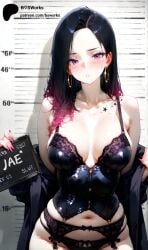 1girls ai_generated black_hair blush breasts bsworks female freckles fuchsia_hair hoop_earrings idol jae_(bsworks) long_hair medium_breasts mugshot nail_polish no_bangs original original_character pale_skin purple_eyes side_hair underwear uneven_hair
