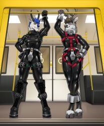 100racs anthro antlers barefoot black_boots black_clothing black_footwear black_harness black_horn black_latex blue_hair bodysuit boots bovid brown_antlers brown_hair caprine chastity_belt chastity_device clothed clothing collar deer duo feet footwear front_view fur goat grey_body grey_eyes grey_fur grey_hooves hair harness hi_res hooves horn iron_collar latex latex_bodysuit latex_clothing latex_skinsuit male male_anthro mammal narrowed_eyes red_harness shock_collar shoes short_hair skinsuit standing tight_clothing wearing_chastity_belt wearing_chastity_device white_body white_fur yellow_sclera