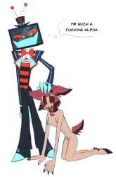 alastor_(hazbin_hotel) bondage breasts clockstops3am collar collar_tag demon demon_humanoid dominant dominant_male duo electronics english_text female for_a_head genitals grin hazbin_hotel heart_collar_tag hellaverse hi_res humanoid labbit1337 lobotomy male mtf_crossgender nipples object_head open_mouth open_smile petplay profanity roleplay rule_63 scar screen screen_face screen_head small_breasts smile television text tongue tongue_out tv_head vox_(hazbin_hotel) vulva