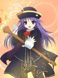 00s 1boy blue_eyes crossdressing crossdressing_(mtf) femboy happiness! holding holding_staff kibinago magic_staff male_focus pantyhose purple_hair solo staff trap watarase_jun