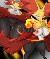 absurd_res anthro areola big_breasts big_ears breasts canid canine clothing curvy_figure delphox female female_anthro fur generation_6_pokemon genitals hi_res high-angle_view inner_ear_fluff looking_at_viewer low-angle_view mammal multicolored_body multicolored_fur nintendo nipples orange_eyes pink_areola pink_nipples pokemon pokemon_(species) robe solo thick_thighs tuft voluptuous vulva zerrymon
