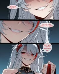 1girls ai_generated azur_lane big_breasts blush bondage comic comic_page english english_dialogue english_text female females_only lesbian_sex light-skinned_female light_skin perfect_body prinz_eugen_(azur_lane) red_eyes smile solo speech_bubble twintails uncensored very_long_hair white_hair yuri