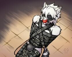 anthro arms_tied artist_logo ball_gag belt_bondage black_nose blindfold bondage bound bulge canid canine canis chair cheek_tuft clothed clothing duct_tape facial_tuft fully_bound fur furniture gag gagged hair halter hands_behind_back harness harness_ball_gag harness_gag hi_res inner_ear_fluff legs_tied logo male mammal mihoyo moire_dragon muffled on_chair open_mouth open_mouth_gag restrained restraints sitting sitting_on_chair solo submissive submissive_anthro submissive_male tail tail_bondage tail_tied tape tape_bondage teeth thiren tied_to_chair tuft underwear underwear_only von_lycaon white_body white_fur white_hair wolf zenless_zone_zero