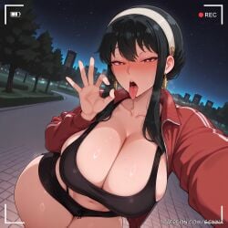 ai_generated bangs black_hair black_shorts blush breasts city cleavage collarbone condom_wrapper curvaceous curvaceous_body curvy curvy_body curvy_female earrings fellatio_gesture female hairband huge_breasts jewelry lamppost long_hair navel night night_sky open_clothes open_mouth oral_invitation outdoors saliva scinna self_upload shorts sky solo spy_x_family stable_diffusion star_(sky) starry_sky sweat thighhighs thighs tongue tongue_out voluptuous voluptuous_body voluptuous_female yor_forger