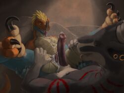 3_toes absurd_res after_sex animal_genitalia animal_penis anthro anthro_on_anthro big_penis black_body black_claws black_genitals black_penis blue_body blue_eyes blue_scales bodily_fluids bovid bovine brown_body cattle claws cum cum_drip cum_in_ass cum_inside cum_on_belly cum_on_body cum_on_chest cum_on_face cum_on_penis cum_on_self cum_on_tongue cum_string digital_media_(artwork) dinosaur dripping dromaeosaurid duo ear_piercing erection feathered_scalie feathers feet fingers flared_penis frottage fur genital_fluids genital_slit genitals grabbing grey_body grey_fur hi_res horn humanoid_genitalia humanoid_penis leaking legs_up looking_pleasured lying male male/male male_anthro mammal markings multicolored_body mythological_creature mythological_scalie mythology nude on_back open_mouth orange_body orange_eyes orange_scales paws penile penis penises_touching piercing pink_genitals pink_penis precum prehistoric_species pull_out red_eyes red_genitals reptile saurischian scales scalie sex sheath slit_play smile spread_legs spreading tail tan_body tan_genitals tapering_penis teeth theropod toe_claws toes tongue tongue_out white_body yellow_body yellow_eyes