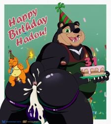 2anthro 2boys 2male bear ben_d_koopa big_ass big_butt birthday birthday_cake birthday_hat black_body black_fur candles charmander chubby chubby_male clothed confetti cum_drip cum_dripping_from_ass cum_in_ass cum_inside digital_drawing_(artwork) digital_media_(artwork) flame gold_jewelry green_eyes hadou_(satsui-n0-had0u) happy jockstrap male_only nintendo nipples open_mouth orange_body overweight overweight_anthro overweight_male party_blower penis penis_out pokemon_(species) presenting_anus presenting_ass purple_jockstrap simple_background simple_shading social_media text ursid watermark