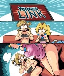 1boy 1girls female gaming link male mario_(series) nude princess_peach sasatseng tagme the_legend_of_zelda undressing
