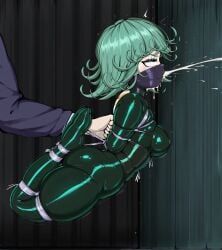 ai_generated bondage carrying female gagged green_eyes green_hair hogtie indoors latex rope small_breasts tatsumaki