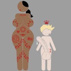 absurd_res african_female big_breasts bleached blush crown dark-skinned_female dark_skin highres huge_breasts hung_femboy hung_trap king_of_hearts large_breasts light-skinned_male light_skin lipstick_mark non-web_source ponytail qoh qoh_tattoo queen_of_hearts queen_of_hearts_tattoo small_but_hung small_dom_big_sub smug_smile stickman tattoo tattoos white_skin white_skinned_male wide_hips