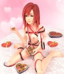 1girls 3d blue_eyes breasts chocolate female functionally_nude kairi kingdom_hearts looking_at_viewer nipples red_hair ribbon solo usbsantiago valentine's_day