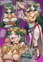 1boy 1girls anticipation bathsalts1 cleavage cock_hungry dialogue female goddess green_hair kid_icarus kid_icarus_uprising large_breasts licking_lips long_hair male nintendo paizuri palutena pit pit_(kid_icarus) text thick_thighs