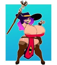 1girls areolae bracelet collar commission elpiromanias female huge_boobs huge_breasts partially_clothed sharp_teeth simple_background thick_thighs two-tone_hair witch_hat zars_(zarsastica)