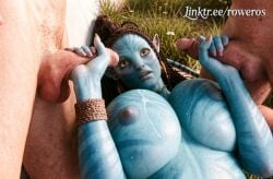 3d ai_generated alien alien_girl areola areola_slip athletic_female avatar avatar:_the_way_of_water bigger_female blender blue_body blue_skin breasts cum_on_breasts cumc handjob huge_breasts interspecies jungle large_female mini_giantess na'vi naked neytiri outdoors realistic rower sitting tail threesome