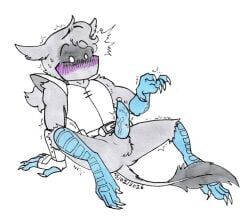 1boy asymmetrical_armor athletic_male avian_feet avian_humanoid beakless bird_feet bird_humanoid blue_limbs blue_penis blue_scales blush british confused digitigrade erect_penis erection fluffy fluffy_ears fluffy_tail gauntlet grey_body grey_feathers grey_hair hero hesitant koko_skelly mouthless no_anus no_humans precum shaking sheath sheathed_humanoid_penis shoulder_pad shrunken_irises silver_feathers slay_the_princess sweating sweaty_genitalia the_voice_of_the_hero_(slay_the_princess) tremble_spikes trembling tunic unsheathed unsure veiny_penis wavy_hair white_background white_belt white_claws white_clothing