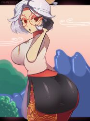 absurdres ass big_breasts breasts eyeshadow female glasses highres large_breasts makeup nintendo pantyhose purah purah_(tears_of_the_kingdom) raised_eyebrows red-framed_eyewear red_eyes red_eyeshadow red_pantyhose round_eyewear sheikah sleeveless solo tears_of_the_kingdom the_legend_of_zelda the_legend_of_zelda:_tears_of_the_kingdom white_hair yanderocky