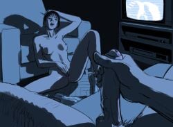 au_(artist) black_hair brown_hair couple couple_(romantic) erect_nipples erect_penis masturbation naked_female naked_male natalia_(au) night shoes_on small_breasts spread_legs tv_screen