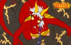 amber_eyes anthro big_breasts breasts collar_chain elemental_creature erect_nipples female hair hi_res horn ignia_(alphaleader) looking_up_at_partner mythological_creature mythological_salamander mythological_scalie mythology nipples nude scalie sex_slave slave solo tail technically_nude wide_hips