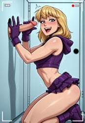 1boy :d ai_generated artist_name ass bare_shoulders batgirl_(stephanie_brown) batman_(series) battery_indicator belt belt_pouch blonde_hair blue_eyes blush boots breasts clothing crop_top dc dc_comics erection female footwear from_side gloved_handjob gloves handjob hood hood_down hoodie indoors jousneystudio kneeling locker locker_room looking_at_viewer male medium_breasts medium_hair microskirt midriff miniskirt open_mouth panties patreon_username penis pouch precum purple_footwear purple_gloves purple_panties recording shiny_skin shoes skirt sleeveless smile solo_focus stephanie_brown straight teeth thighs trembling underwear upper_teeth_only