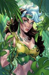 1girls anna_marie brown_hair cleavage gloves green_eyes headband j_scott_campbell jungle jungle_girl large_breasts looking_at_viewer marvel marvel_comics multicolored_hair rogue_(savage_land) rogue_(x-men) savage_land tooth_necklace torn_clothes white_hair x-men
