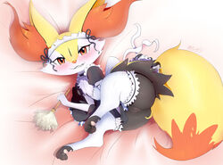 absurd_res anthro ass bed blush bottomless braixen chest_tuft choker clothed clothing collar crown embarrassed eryz feather_duster female fur hi_res inner_ear_fluff laying_on_bed legwear looking_at_viewer maid_headdress maid_uniform mammal multicolored_tail nintendo pawpads pokémon_(species) pokemon pokemon_(species) pussy pussy_juice ribbons smile solo stockings tiara tuft uniform video_games