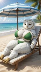 ai_generated beach big_breasts big_butt bikini bikini_bottom curvaceous curvaceous_body curvaceous_hips curvy_figure extra_thicc furry furry_breasts furry_female grok_imagine original_character owl summer thicc thick_legs thick_thighs