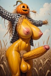 ai_generated big_breasts big_penis breasts corn depraved247 farm field futanari huge_breasts huge_cock penis pumpkin pumpkin_head scarecrow scarecrow_futa straw yellow_skin