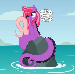 :3 absurd_res aquatic badumsquish big_penis black_eyeshadow cloud dialogue english_text eyelashes eyeshadow fan_character fangs female feral fish genitals hair hasbro heart_symbol hi_res homophobic_slur long_penis looking_at_viewer makeup merpony my_little_pony nerie_(badumsquish) one_eye_closed penis pink_penis purple_body purple_eyes purple_hair rock sea seahorse sky slur solo syngnathid syngnathiform teeth text water wink