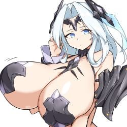 arm_at_side bouncing_breasts character_request copyright_request expressionless gigantic_breasts hand_up hyper hyper_breasts simple_background upper_body white_background