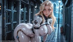 ai_generated backdoorsenpai 1girl female_focus blonde_hair long_hair asymmetrical_hair crescent_facial_mark blue_eyes earrings white_bodysuit long_sleeves cropped_jacket white_jacket skin_tight curvy wide_hips thick_thighs big_ass large_breasts thighs ass perky_breasts egao naughty_face naugty_eyes alternate_costume blush breasts closed_mouth cowboy_shot heart lips looking_at_viewer sweatdrop dagger_(marvel_rivals) dagger_(marvel) marvel marvel_rivals cloak_and_dagger
