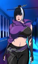 2025 asian big_breasts black_hair clothed clothing erect_nipples free_fire lipstick looking_at_viewer multicolored_hair night patito_zzero red_lipstick rin_(free_fire) solo solo_female solo_focus white_hair