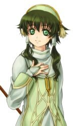 00s 1boy androgynous bad_id bad_pixiv_id femboy green_eyes green_hair hair_tubes holding holding_staff ion_(tales) male_focus matching_hair/eyes short_hair_with_long_locks smile solo staff tales_of_(series) tales_of_the_abyss touichi_yuuto trap