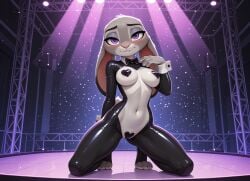 ai_generated anthro anthro_only female female_focus furry furry_female furry_only highres inside judy_hopps kneeling liwih looking_at_viewer navel nightclub pasties reverse_bunnysuit solo stage stomach tagme taped_pussy zootopia