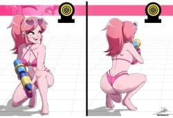 2026 2d alternate_hairstyle artist_signature bikini cartoon_network female glasses_on_head heart_glasses holding_object instagram_link miss_heed_(villainous) no_ai pink_bikini pink_bikini_bottom pink_bikini_top pink_body pink_skin ponytail shooting solo superheroine target target_practice toy two-piece_swimsuit villainous watergun western_cartoon