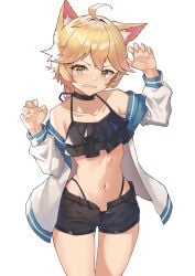 1boy 1femboy aether_(genshin_impact) ahoge alternate_costume animal_ears bare_shoulders belly belly_button blush braid braided_ponytail choker clenched_teeth crossdressing crossdressing_(mtf) femboy fox_ears genshin_impact jacket legs long_sleeves looking_at_viewer male navel off_shoulder open_clothes open_fly open_jacket paw_pose short_shorts shorts simple_background swimsuit teeth trap white_background yellow_eyes