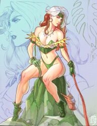 acecore anna_marie athletic_female bikini_bottom boots brown_hair cleavage fit_female gloves green_eyes headband large_breasts loincloth long_hair marvel marvel_comics multicolored_hair rogue_(savage_land) rogue_(x-men) savage_land thick_thighs tooth_necklace voluptuous white_hair x-men