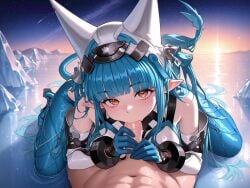 1boy 1girls ai_generated arknights arknights:_endfield bare_shoulders blowjob blue_hair blunt_bangs blush detached_sleeves gloves hip_vent large_breasts last_rite_(arknights) leggings long_hair long_sleeves looking_at_viewer patreon patreon_username penis penis_grab pointy_ears red_eyes sidelocks straps tail xzollosez