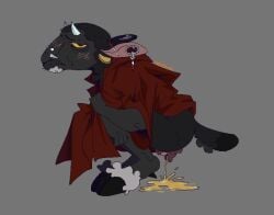 ambiguous_gender andromorph anthro big_clitoris blush bodily_fluids bovid caprine clitoris cloak clothing crouching d0gthing ear_piercing embarrassed gauged_ear genital_fluids genitals hooves intersex mammal peeing peeing_on_ground piercing sheep solo trans_(lore) trans_man_(lore) urine urine_on_ground urine_pool vulva watersports yellow_sclera